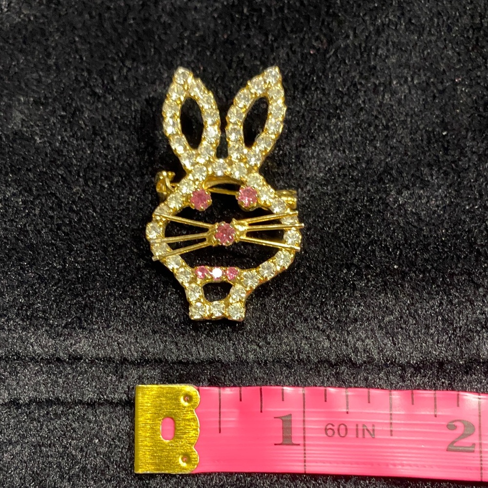 Gold, Rhinestone and Pink Crystal Rabbit Brooch - Picture 5 of 6